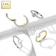 14K Gold Hinged Segment Hoop Ring with CZ Paved and Tear DropOpal or CZ Center