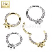 14K Gold Hinged Segment Hoop Ring With CZ Center Half Flower and Pave CZ Sides 