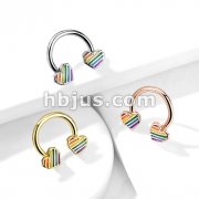 Rainbow Striped Heart Ends 316L Surgical Steel Circular, Horseshoe