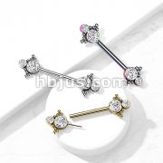 316L Surgical Steel Threadless Push In Nipple Barbell with Beaded Ball Edge and Double CZ On Each Side