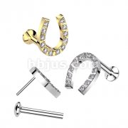 316L Surgical Steel Threadless Push In Labret With Convex Back and CNC Set CZ Horseshoe Top