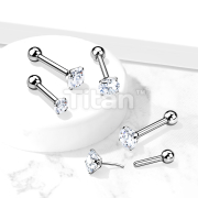Implant Grade Titanium Threadless Push In Cartilage Barbell With Prong Set CZ Top
