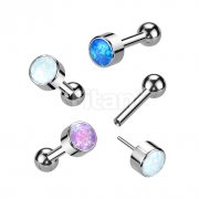 Implant Grade Titanium Threadless Push In Cartilage Barbell With Round Bezel Set Opal Top