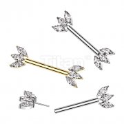 Implant Grade Titanium Threadless Push In Nipple Barbell With Forward Facing Triple Marquise CZ Ends