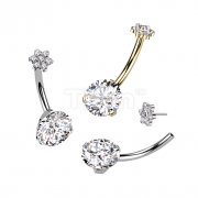 Implant Grade Titanium Threadless Push In Prong Set Bottom With Flower CZ Top Belly Button Ring