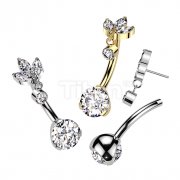 Implant Grade Titanium Threadless Push In Prong Set Bottom With 3 Marquise CZ and Round Bezel Set CZ Dangle Top