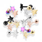 100 Pcs Flat Star Top PVD over 316L Surgical Steel Cartilage, Tragus Barbell Studs Bulk Pack (20 Pcs x 5 Colors) 