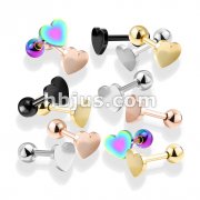 100 Pcs Flat Heart Top PVD over 316L Surgical Steel Cartilage, Tragus Barbell Studs Bulk Pack (20 Pcs x 5 Colors)