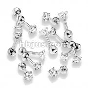 100 Pcs Prong Set Clear Round CZ 316L Surgical Steel Cartilage, Tragus Barbell Studs Bulk Pack
