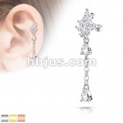CZ Cluster Leaf with Long Chain Dangled Pear CZ 316L Surgical Steel Cartilage, Tragus Barbell Studs