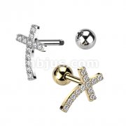 CZ Paved Curved Cross Top 316L Surgical Steel Cartilage Barbells