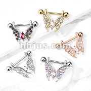 Marquise Crystal Center Crystal Paved Butterfly 316L Surgical Steel Barbell Nipple Rings