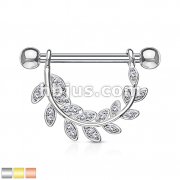 CZ Paved Leaf Hanging 316L Surgical Steel Barbell Nipple Rings