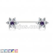 CZ Flowers on Both Ends 316L Surgical Steel Barbell Nipple Rings