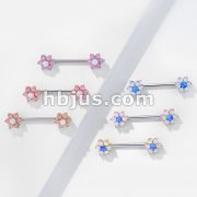 Opalite Petals with Opal Center Flowers on Both Ends 316L Surgical Steel Barbell Nipple Rings
