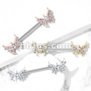 CZ Paved Butterfly with Marquise CZ Center 316L Surgical Steel Barbell Nipple Rings