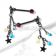 Pair of Cat with Turquoise Beads and Star Dangle with Red Gemmed Set End 316L Surgical Steel Nipple Barbell Rings