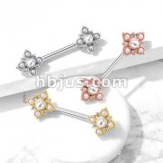 Pearl and Crystal Paved Gold Plated Vintage Square Flower Ends 316L Surgical Steel Barbell Nipple Rings