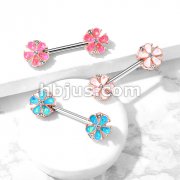 Opal Glitter Filled Rose Gold Plated 5 Petal Flower Ends 316L Surgical Steel Barbell Nipple Rings