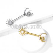 CZ Center Sun and CZ Paved Crescent Moon and Star 316L Surgical Steel Barbell Nipple Rings 