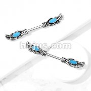 Tribal Feather With Turquoise Enamel 316L Surgical Steel Barbell Nipple Ring