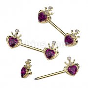 Gold PVD Over 316L Surgical Steel Nipple Barbell With Crown and Pink Gem Heart Ends