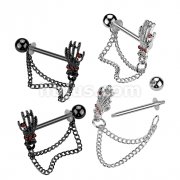 Pair of 316L Surgical Steel Nipple Barbell With Red CZ Skull Hands and Double Chain Dangle