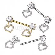 316L Surgical Steel Nipple Barbell With Round Prong Set CZ Ends and CZ Pave Hollow Heart Dangles