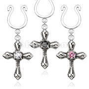 Clip on Nipple Ring Cross Dangle with Small Pink CZ