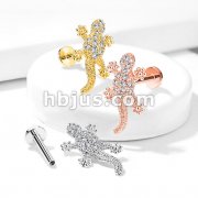 CZ Paved Lizard Top Internally Threaded 316L Surgical Steel Flat Back Studs for Labret, Monroe, Ear Cartilage and More