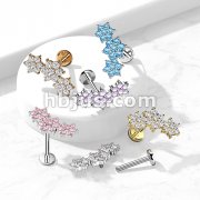 Triple CZ Flower Cluster Top on Internally Threaded 316L Surgical Steel Flat Back Studs for Labret, Monroe, Cartilage and More 