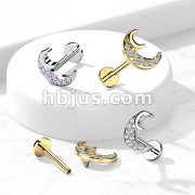 CZ Paved Crescent Moon Internally Threaded 316L Surgical Steel Flat Back Studs for Labret, Monroe, Cartilage and More