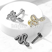 CZ Paved Small Snake Top on Internally Threaded 316L Surgical Steel Flat Back Stud for Labret, Monroe, Cartilage and More