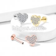 CZ Paved Curved Heart Top Internally Threaded 316L Surgical Steel Labret, Monroe, Ear Cartilage Studs Flat Back 