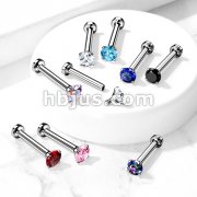 CZ Prong Set Top Internally Threaded Micro Base316L Surgical Steel Labret, Flat Back Studs For Lip, Chin, Nose and More