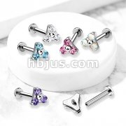 CZ Triangle Prong Set Internally Threaded Top 316L Surgical Steel Labret, Flat Back Studs