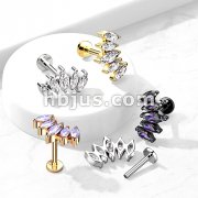 5 Marquise CZ Fan Set Curved Top With Internally Threaded All316L Surgical Steel Flat Back Studs With Extended Threading for Labret, Monroe, Cartilage and More