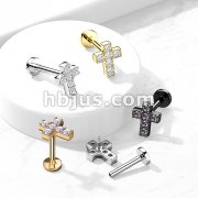 6 CZ Cross Top With Internally Threaded All316L Surgical Steel Flat Back Studs With Extended Threading for Labret, Monroe, Cartilage and More