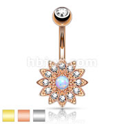 Petite Crystal Paved Flower with Opal Center 316L Surgical SteelBelly Button Rings
