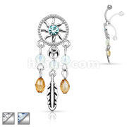 Center CZ Dream Catcher Dangle Chandelier Top Down 316L Surgical Steel Navel Ring
