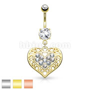 Tribal Heart Filigree Edged Crystal Paved Heart Dangle 316L Surgical Steel Belly Button Navel Rings