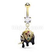 Multi Color Crystals Gold and Black Elephant Dangle 316L Surgical Steel Belly Button Navel Rings