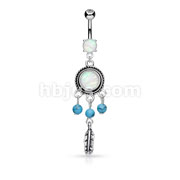 Opal Glitter Center With Turquoise Beads Dream Catcher Dangle Surgical Steel Belly Button Navel Rings