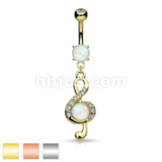 Opal Glitter Center Crystal Paved Clef Dangle Surgical Steel Belly Button Navel Rings