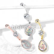 Rainbow Glitter Opalite Stone Dangle 316L Surgical Steel Belly Button Navel Rings
