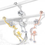 CZ Paved Crescent Moon and Star with Round CZ Dangle 316L Surgical Steel Belly Button Navel Rings