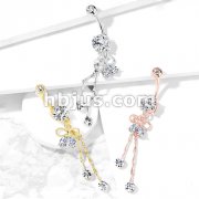 Two Pear CZ Ribbon with Round Crystal on Chain Dangle 316L Surgical Steel Belly Button Navel Rings