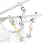 Six CZ Flower and Two Overlapping Diamonds Dangle 316L Surgical Steel Belly Button Navel Rings