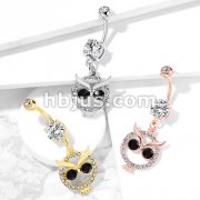 Crystal Paved Owl with Black Crystal Eyes Dangle 316L Surgical Steel Belly Button Navel Rings