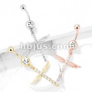 CZ Paved Cross with Wings Dangle Double Jeweled 316L Surgical Steel Belly Button Navel Rings
